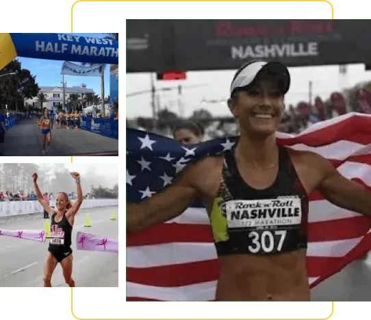 Collage of marathon runners celebrating at different races, including Nashville and Key West events.